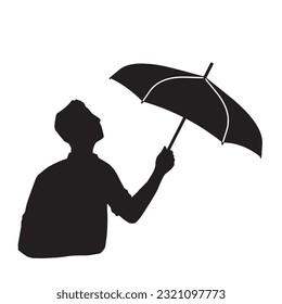 Silhouette illustration of a man looking up at the sky with a tilted umbrella