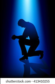 Silhouette illustration of a man praying under peaceful blue light