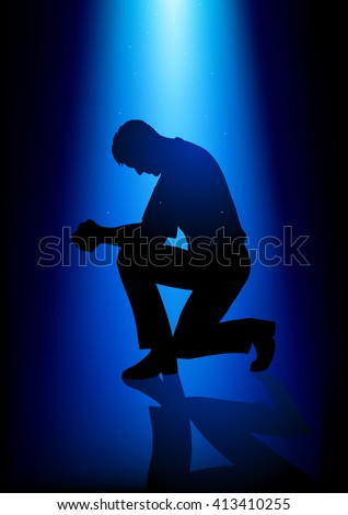 Silhouette illustration of a man praying under peaceful blue light
