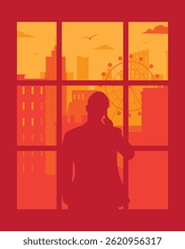 Silhouette Illustration of a Man Standing by a Window, Looking Out at a Cityscape with Skyscrapers and a Ferris Wheel at Sunset or Sunrise