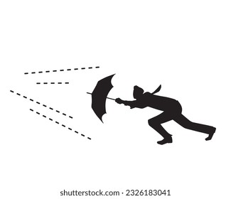 Silhouette illustration of a man in a suit facing a violent windstorm