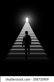 Silhouette Illustration Of A Man Walking On A Stairway Leading Up To A Bright Door 