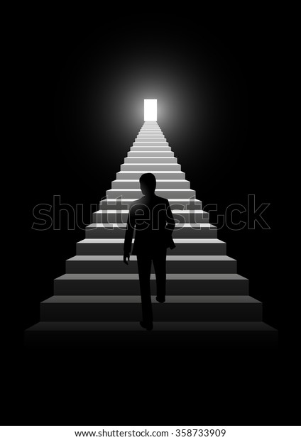 明るいドアに続く階段を歩く男性のシルエットイラスト のベクター画像素材 ロイヤリティフリー