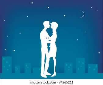 A silhouette illustration of a man and woman embracing.
