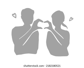 Silhouette illustration of a man and woman making a heart gesture with their fingers.