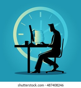 Silhouette illustration of a man working overtime on the computer