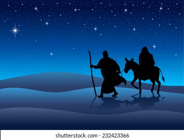 Silhouette illustration of Mary and Joseph, journey to Bethlehem, for Christmas theme