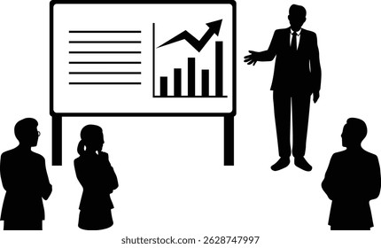 Silhouette illustration of a meeting scene where a businessman gives a presentation