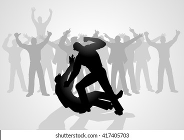 Silhouette illustration of men fighting being watch by crowd of people