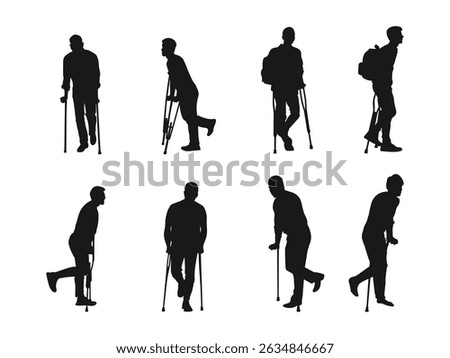 Silhouette illustration of men using crutches in various poses. vector black silhouette of a man injured and crutches. vector isolated on a white background.