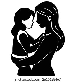 Silhouette Illustration Of Mother Holding Daughter In Arms Tender Embrace.