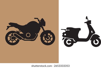 Silhueta ilustração de uma motocicleta e uma scooter em fundos contrastantes