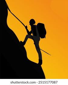 silhouette illustration of mountain climbing sunset, hiking sunrise background