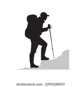 silhouette illustration of a mountaineer, a man carrying a mountain backpack, wearing a hat, holding a trekking pole, wearing shoes, stepping out, climbing a mountain, hiking, traveling