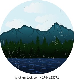 Ilustración de silueta de las montañas con pinos y un caudal de lago tranquilo