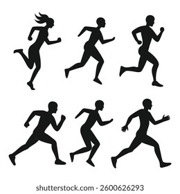 Silhouette Illustration of Multiple Runners in Motion – Black and White Vector Set Featuring Male and Female Athletes Running in Different Poses, Perfect for Sports, Fitness, and Marathon Concepts