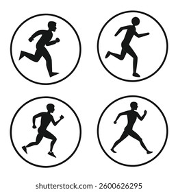 Silhouette Illustration of Multiple Runners in Motion – Black and White Vector Set Featuring Male and Female Athletes Running in Different Poses, Perfect for Sports, Fitness, and Marathon Concepts