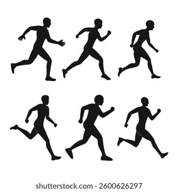 Silhouette Illustration of Multiple Runners in Motion – Black and White Vector Set Featuring Male and Female Athletes Running in Different Poses, Perfect for Sports, Fitness, and Marathon Concepts