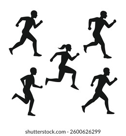 Silhouette Illustration of Multiple Runners in Motion – Black and White Vector Set Featuring Male and Female Athletes Running in Different Poses, Perfect for Sports, Fitness, and Marathon Concepts