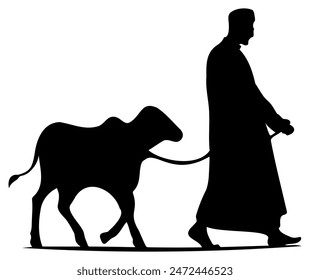 silhouette illustration of muslim man walks with sheep for eid al adha sacrifice