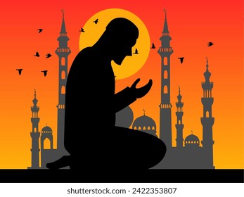 Silhouette illustration of a Muslim man worshiping and praying, with a silhouette of a mosque in the background at sunset and flying birds