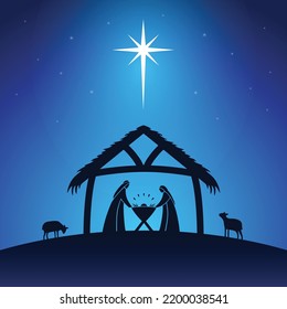 A silhouette illustration of the nativity scene with Mary and Joseph standing over baby Jesus in the manger with blue sky