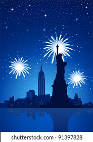 A silhouette illustration of New York City at night with fireworks as the background