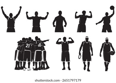 Silhouette illustration of nine basketball players in different shooting poses.
