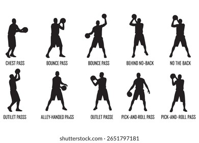 Silhouette illustration of nine basketball players in different shooting poses.