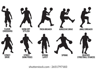 Silhouette illustration of nine basketball players in different shooting poses.