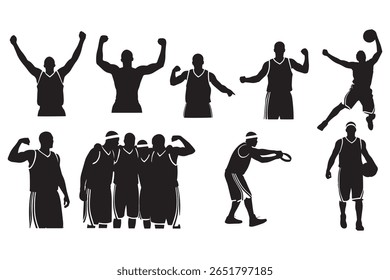 Silhouette illustration of nine basketball players in different shooting poses.