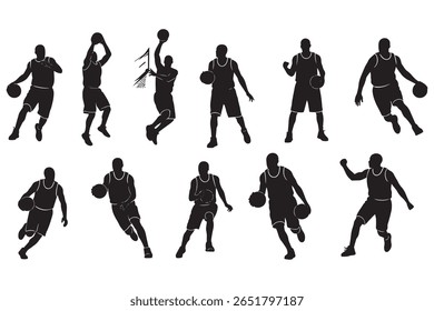 Silhouette illustration of nine basketball players in different shooting poses.