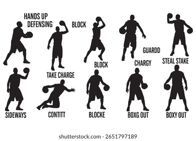Silhouette illustration of nine basketball players in different shooting poses.