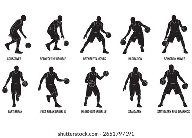 Silhouette illustration of nine basketball players in different shooting poses.