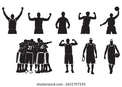 Silhouette illustration of nine basketball players in different shooting poses.