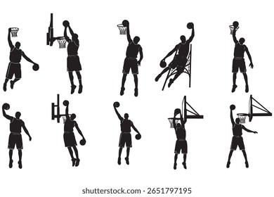 Silhouette illustration of nine basketball players in different shooting poses.