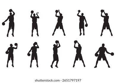 Silhouette illustration of nine basketball players in different shooting poses.