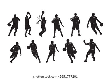 Silhouette illustration of nine basketball players in different shooting poses.