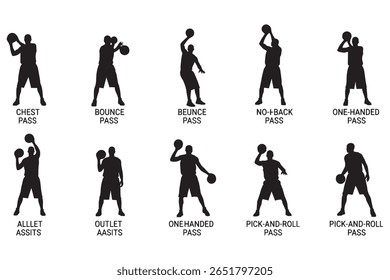Silhouette illustration of nine basketball players in different shooting poses.