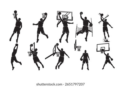 Silhouette illustration of nine basketball players in different shooting poses.