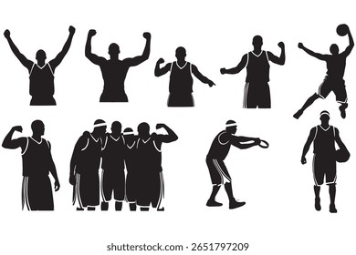 Silhouette illustration of nine basketball players in different shooting poses.