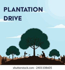 Silhouette illustration on plantation drive, depicting reforestation and ecology. Characters plant seedlings, symbolizing Earth Day and World Environment Day efforts.