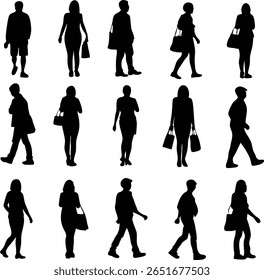 A silhouette illustration on a white background shows people walking and shopping. The image features both men and women carrying bags. The style is modern and minimalist.