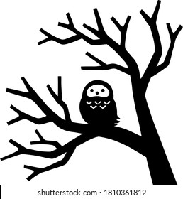 Silhouette illustration of an owl perching on a bare tree 