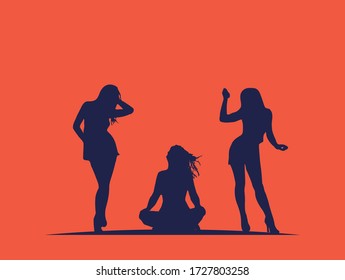 Silhouette illustration pack featuring three female figures, one of them sitting cross-legged in a yoga pose.