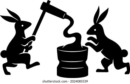 silhouette illustration of a pair of rabbits making rice cake (mochitsuki in japanese)