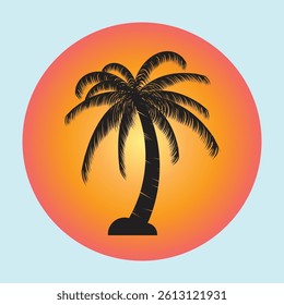 silhouette illustration of palm tree with sunset background