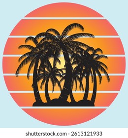 silhouette illustration of palm tree with sunset background with dotted line