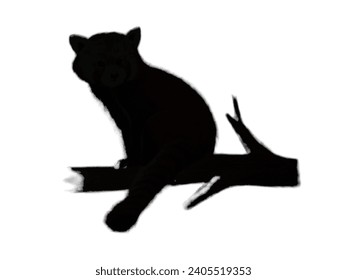 Silhouette illustration of a panda cub or red panda perched on a tree branch. Vector illustration.