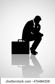 Silhouette illustration of pensive businessman sitting on his briefcase, thinking, thinker concept